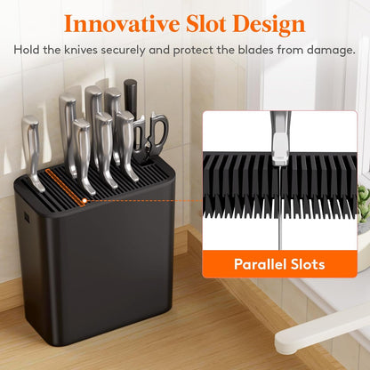 Plastic Knife Block Holder without Knives for 15 Knives, Black | Universal Knife Block holds up to 15 knives, 1 scissors & sharpening rods, Kitchen Counter Organizer with Detachable Slots