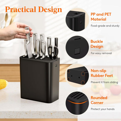 Plastic Knife Block Holder without Knives for 15 Knives, Black | Universal Knife Block holds up to 15 knives, 1 scissors & sharpening rods, Kitchen Counter Organizer with Detachable Slots