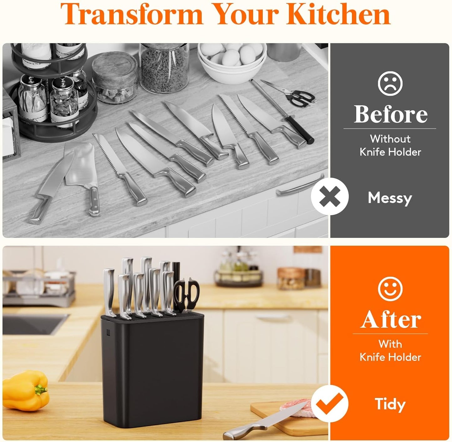 Plastic Knife Block Holder without Knives for 15 Knives, Black | Universal Knife Block holds up to 15 knives, 1 scissors & sharpening rods, Kitchen Counter Organizer with Detachable Slots
