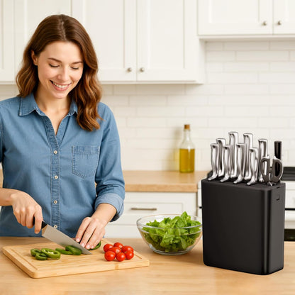 Plastic Knife Block Holder without Knives for 15 Knives, Black | Universal Knife Block holds up to 15 knives, 1 scissors & sharpening rods, Kitchen Counter Organizer with Detachable Slots