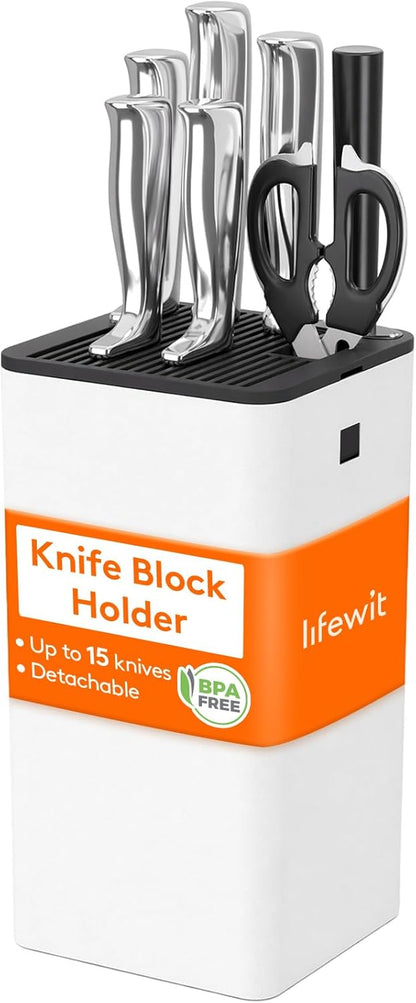 Plastic Knife Block Holder without Knives for 15 Knives, Black | Universal Knife Block holds up to 15 knives, 1 scissors & sharpening rods, Kitchen Counter Organizer with Detachable Slots
