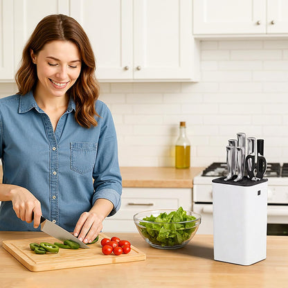 Plastic Knife Block Holder without Knives for 15 Knives, Black | Universal Knife Block holds up to 15 knives, 1 scissors & sharpening rods, Kitchen Counter Organizer with Detachable Slots