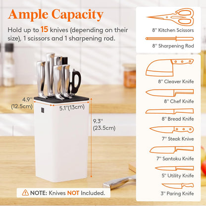 Plastic Knife Block Holder without Knives for 15 Knives, Black | Universal Knife Block holds up to 15 knives, 1 scissors & sharpening rods, Kitchen Counter Organizer with Detachable Slots