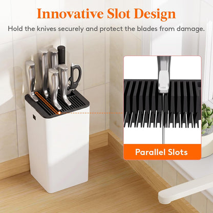 Plastic Knife Block Holder without Knives for 15 Knives, Black | Universal Knife Block holds up to 15 knives, 1 scissors & sharpening rods, Kitchen Counter Organizer with Detachable Slots