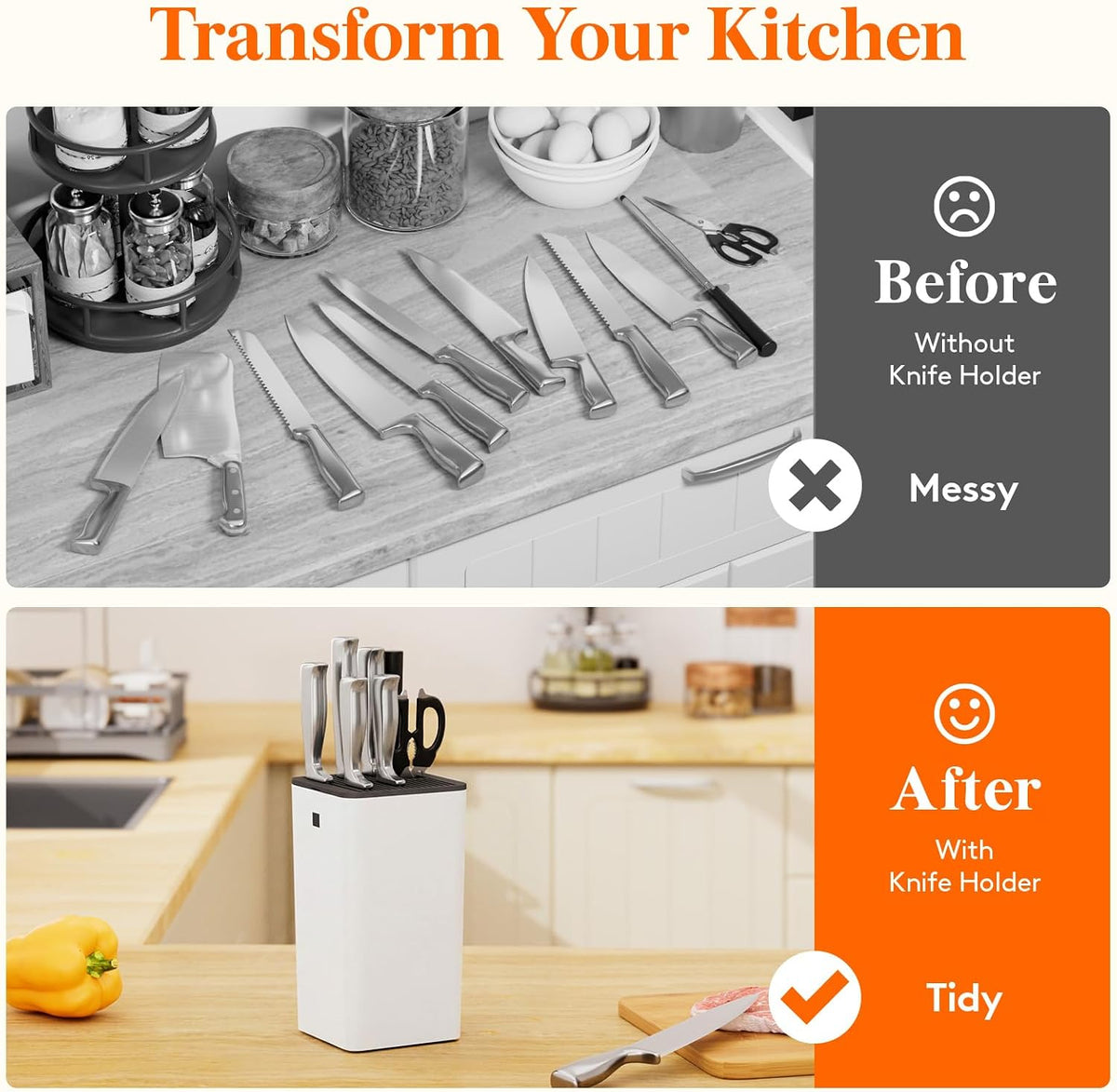 Plastic Knife Block Holder without Knives for 15 Knives, Black | Universal Knife Block holds up to 15 knives, 1 scissors & sharpening rods, Kitchen Counter Organizer with Detachable Slots