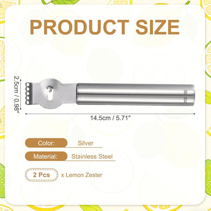 2Pcs Lemon Zester Tool, Stainless Steel Citrus Zester with Channel Knife Grater Sharp Rind Twist Orange Peeler for Cocktail Garnishes Bar Kitchen, Silver