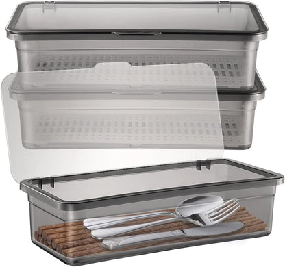 3Pcs Flatware Tray with Lid and Drainer - Kitchen Plastic Utensil Holder Silverware Organizer Flatware Storage Tray for Countertop Spoons Forks Knives