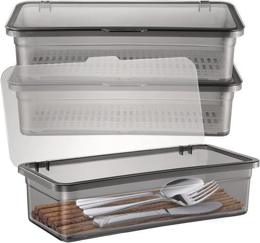 3Pcs Flatware Tray with Lid and Drainer - Kitchen Plastic Utensil Holder Silverware Organizer Flatware Storage Tray for Countertop Spoons Forks Knives