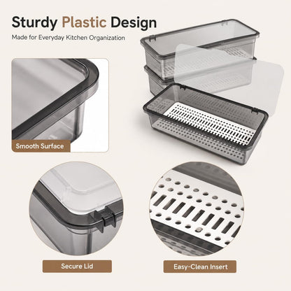 3Pcs Flatware Tray with Lid and Drainer - Kitchen Plastic Utensil Holder Silverware Organizer Flatware Storage Tray for Countertop Spoons Forks Knives
