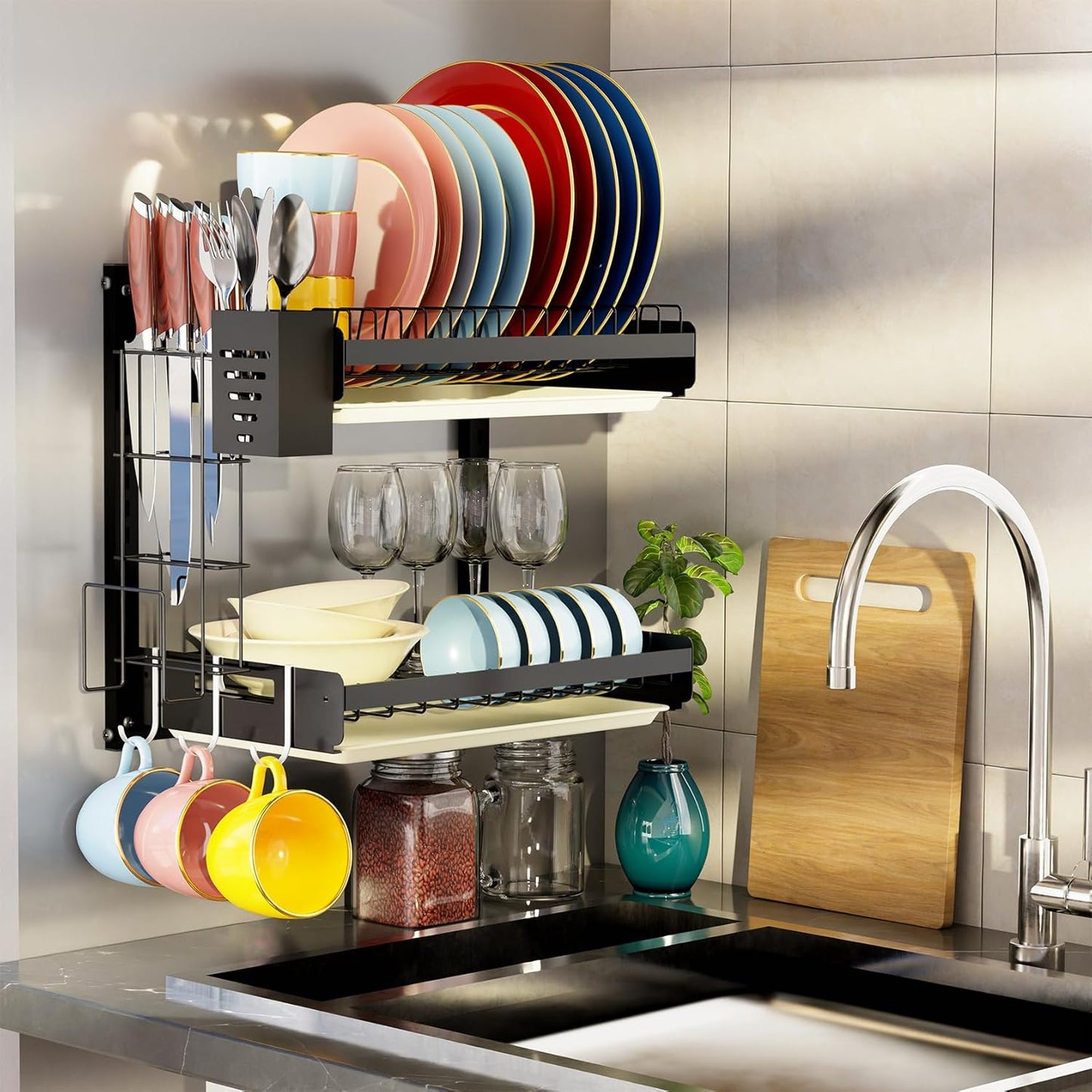 Hanging Wall Mounted Dish Drying Rack, Cutting Board Rack*1, Hook*4, Drain Tray*2, Apartment & RV Wall Mounted Dish Rack, Small Kitchen & Clean Countertop Solution, 2 Layers & 16“ long, Black