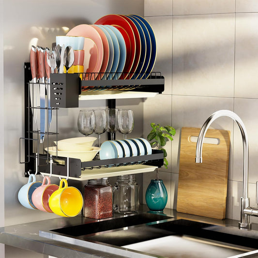 Hanging Wall Mounted Dish Drying Rack, Cutting Board Rack*1, Hook*4, Drain Tray*2, Apartment & RV Wall Mounted Dish Rack, Small Kitchen & Clean Countertop Solution, 2 Layers & 16“ long, Black