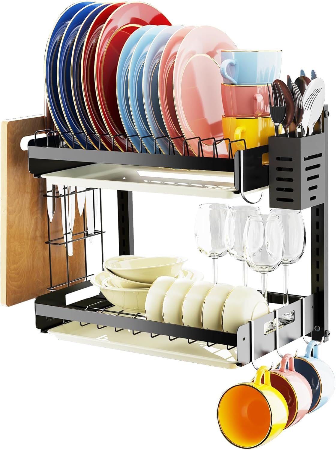 Hanging Wall Mounted Dish Drying Rack, Cutting Board Rack*1, Hook*4, Drain Tray*2, Apartment & RV Wall Mounted Dish Rack, Small Kitchen & Clean Countertop Solution, 2 Layers & 16“ long, Black