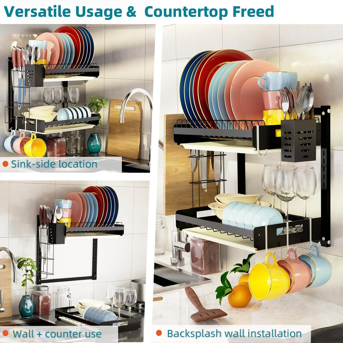 Hanging Wall Mounted Dish Drying Rack, Cutting Board Rack*1, Hook*4, Drain Tray*2, Apartment & RV Wall Mounted Dish Rack, Small Kitchen & Clean Countertop Solution, 2 Layers & 16“ long, Black