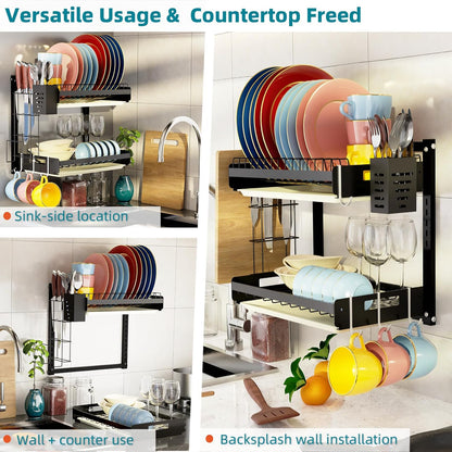 Hanging Wall Mounted Dish Drying Rack, Cutting Board Rack*1, Hook*4, Drain Tray*2, Apartment & RV Wall Mounted Dish Rack, Small Kitchen & Clean Countertop Solution, 2 Layers & 16“ long, Black