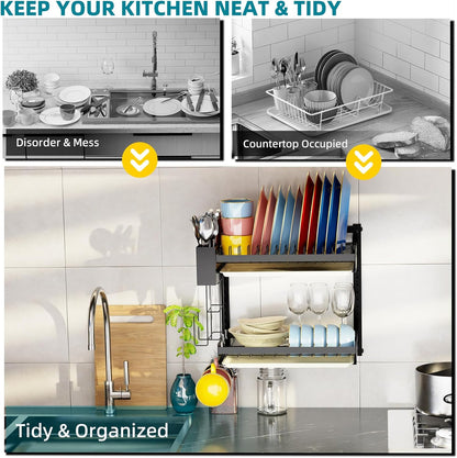 Hanging Wall Mounted Dish Drying Rack, Cutting Board Rack*1, Hook*4, Drain Tray*2, Apartment & RV Wall Mounted Dish Rack, Small Kitchen & Clean Countertop Solution, 2 Layers & 16“ long, Black