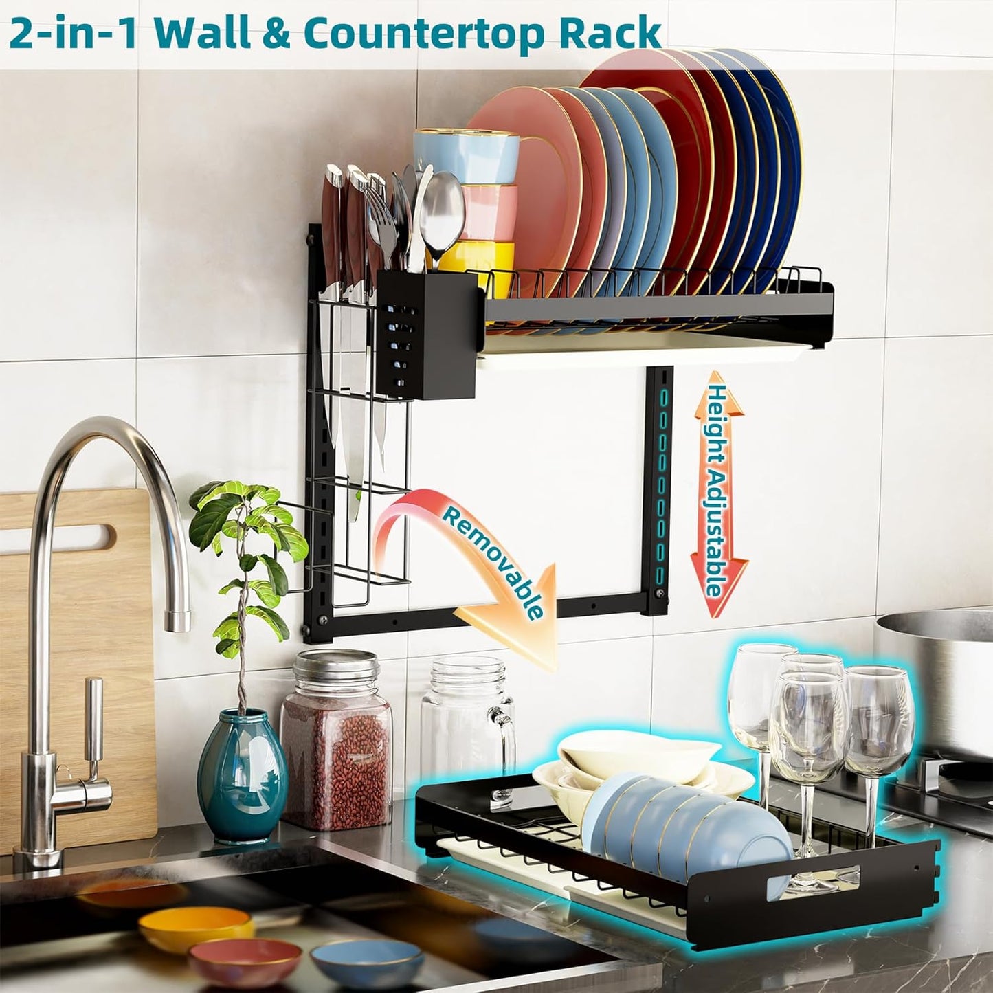 Hanging Wall Mounted Dish Drying Rack, Cutting Board Rack*1, Hook*4, Drain Tray*2, Apartment & RV Wall Mounted Dish Rack, Small Kitchen & Clean Countertop Solution, 2 Layers & 16“ long, Black