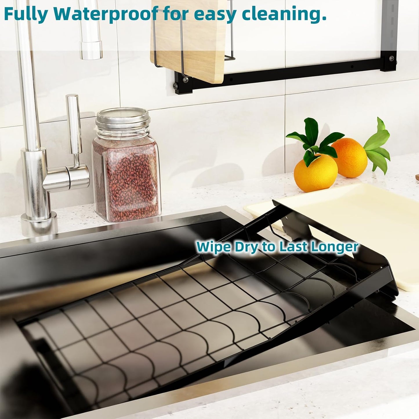 Hanging Wall Mounted Dish Drying Rack, Cutting Board Rack*1, Hook*4, Drain Tray*2, Apartment & RV Wall Mounted Dish Rack, Small Kitchen & Clean Countertop Solution, 2 Layers & 16“ long, Black