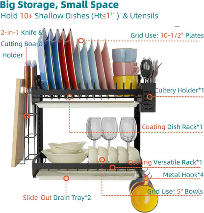 Hanging Wall Mounted Dish Drying Rack, Cutting Board Rack*1, Hook*4, Drain Tray*2, Apartment & RV Wall Mounted Dish Rack, Small Kitchen & Clean Countertop Solution, 2 Layers & 16“ long, Black