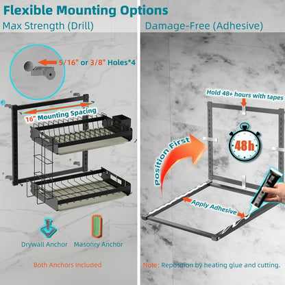 Hanging Wall Mounted Dish Drying Rack, Cutting Board Rack*1, Hook*4, Drain Tray*2, Apartment & RV Wall Mounted Dish Rack, Small Kitchen & Clean Countertop Solution, 2 Layers & 16“ long, Black