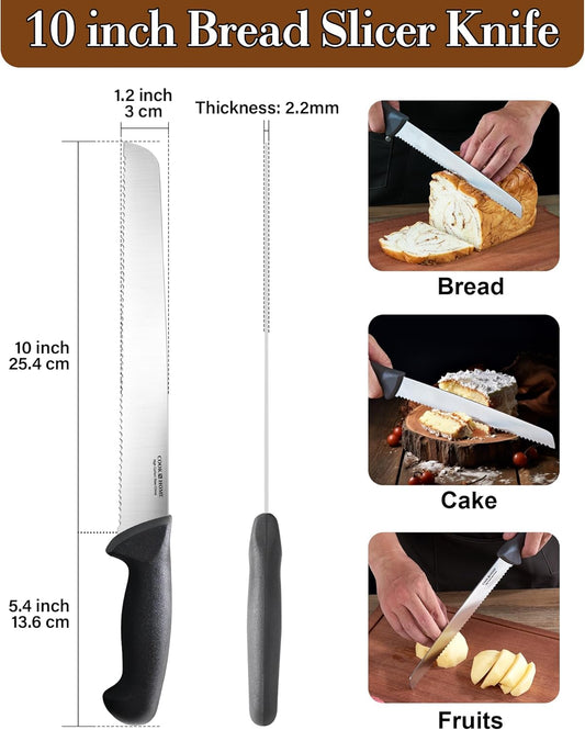 Professional Cutlery 10 Inch Bread Slicer Knife, Wavy Serrated High Carbon German Stainless Steel Sharp Kitchen Knife, Ergonomic Handle, Black
