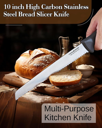 Professional Cutlery 10 Inch Bread Slicer Knife, Wavy Serrated High Carbon German Stainless Steel Sharp Kitchen Knife, Ergonomic Handle, Black