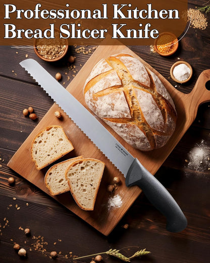Professional Cutlery 10 Inch Bread Slicer Knife, Wavy Serrated High Carbon German Stainless Steel Sharp Kitchen Knife, Ergonomic Handle, Black