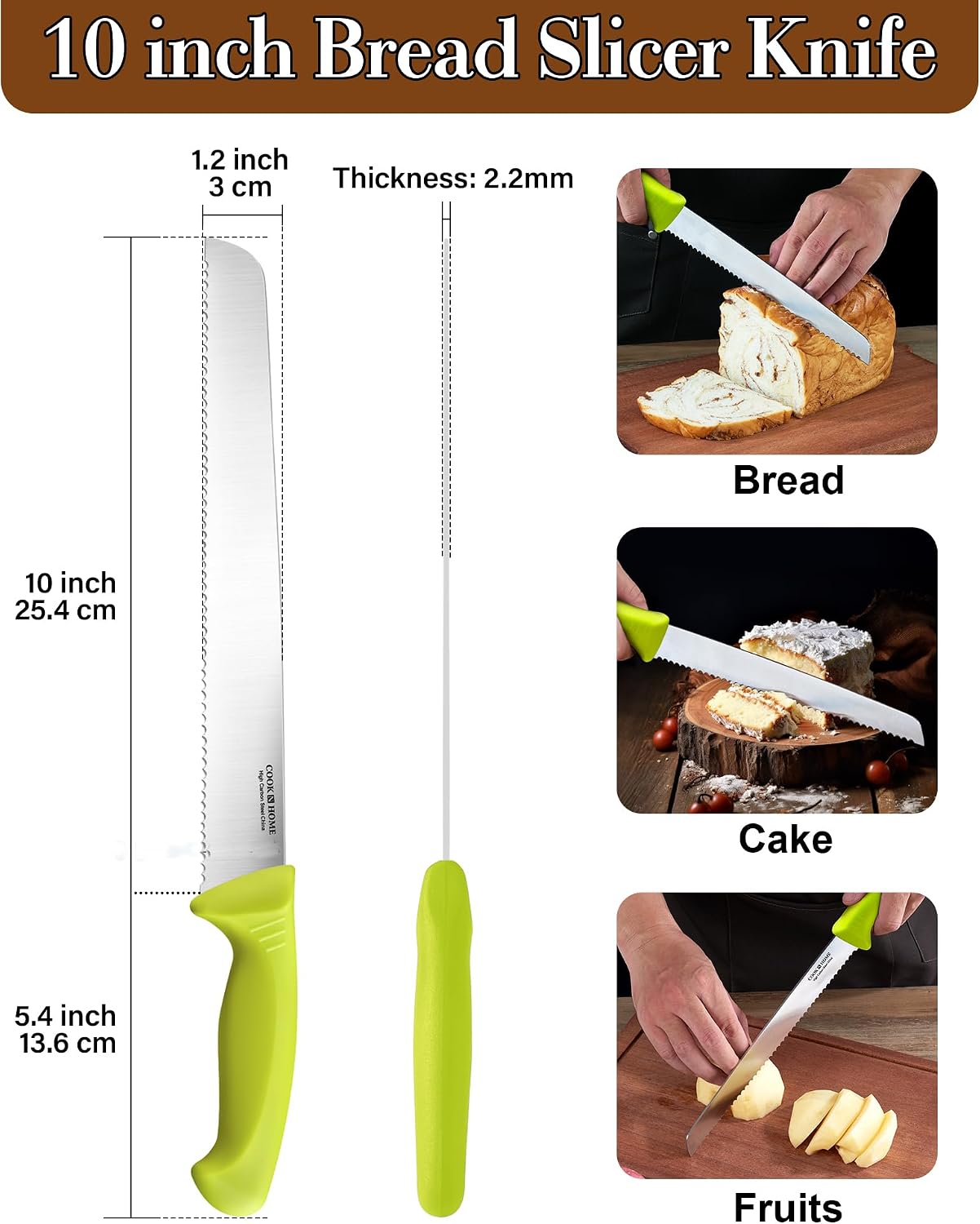 Professional Cutlery 10 Inch Bread Slicer Knife, Wavy Serrated High Carbon German Stainless Steel Sharp Kitchen Knife, Ergonomic Handle, Black
