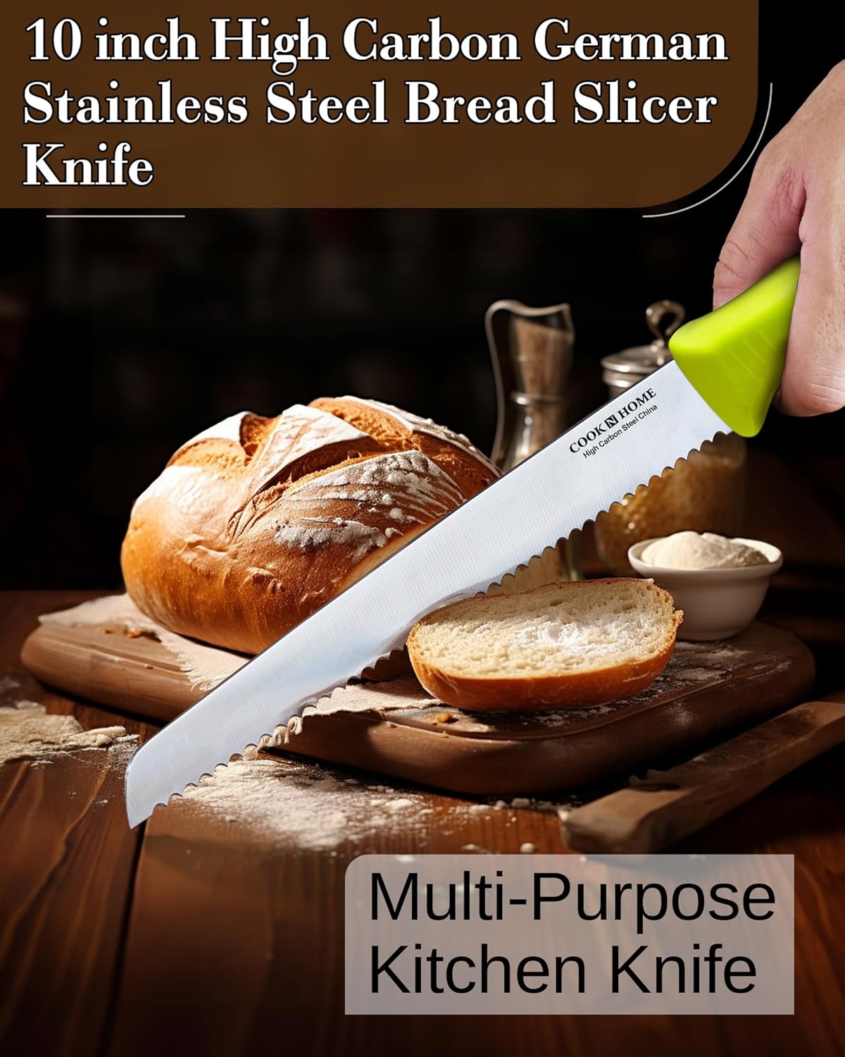 Professional Cutlery 10 Inch Bread Slicer Knife, Wavy Serrated High Carbon German Stainless Steel Sharp Kitchen Knife, Ergonomic Handle, Black
