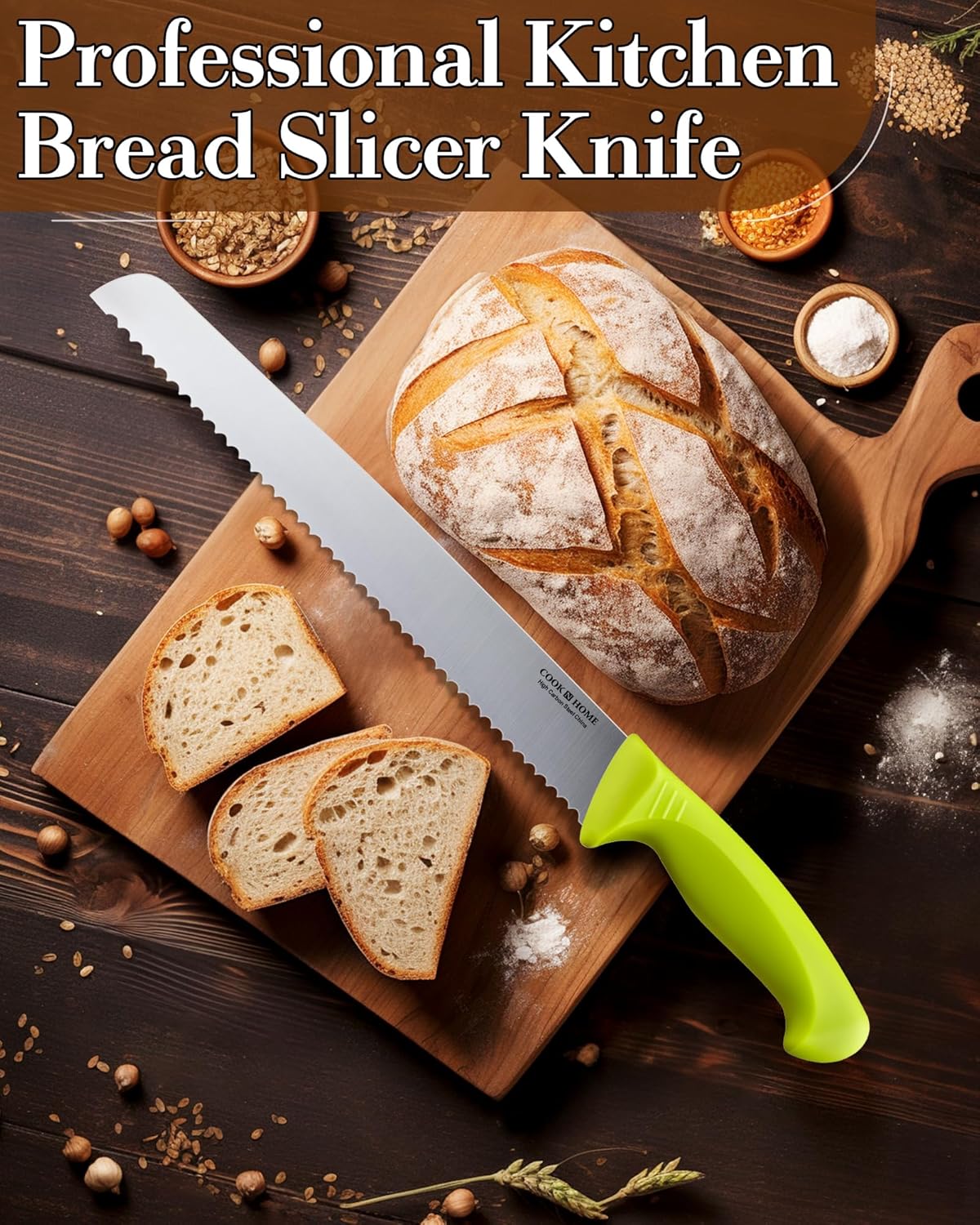 Professional Cutlery 10 Inch Bread Slicer Knife, Wavy Serrated High Carbon German Stainless Steel Sharp Kitchen Knife, Ergonomic Handle, Black