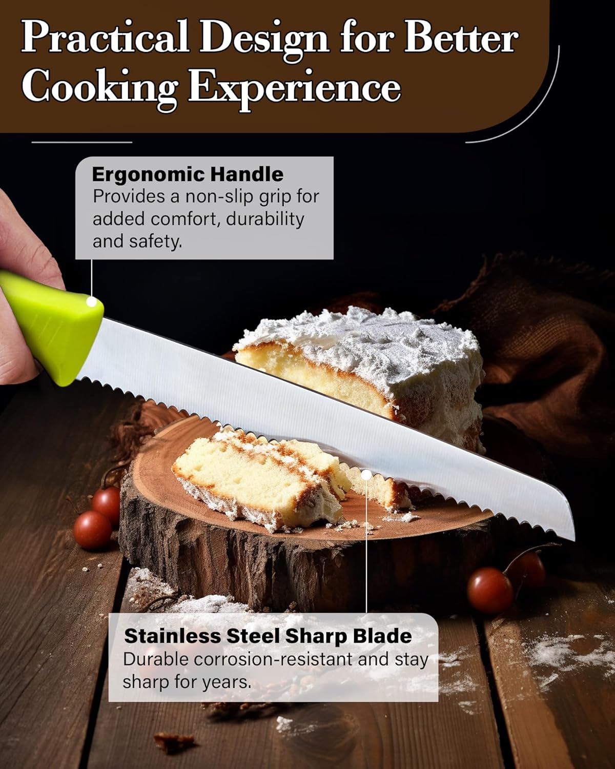 Professional Cutlery 10 Inch Bread Slicer Knife, Wavy Serrated High Carbon German Stainless Steel Sharp Kitchen Knife, Ergonomic Handle, Black