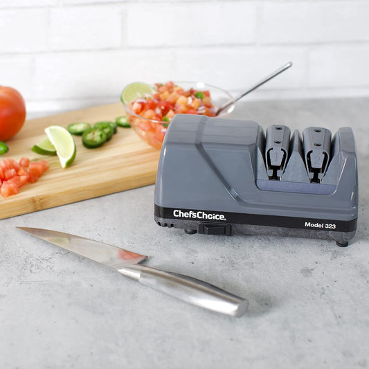0323000 Commercial Electric Sharpener with Diamond Abrasive Honing for 20 Degree Straight Edge and Serrated Knives, has Precision angle guides, 2 Stage, Gray
