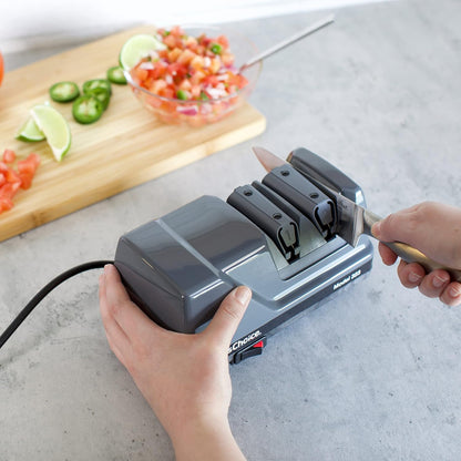0323000 Commercial Electric Sharpener with Diamond Abrasive Honing for 20 Degree Straight Edge and Serrated Knives, has Precision angle guides, 2 Stage, Gray
