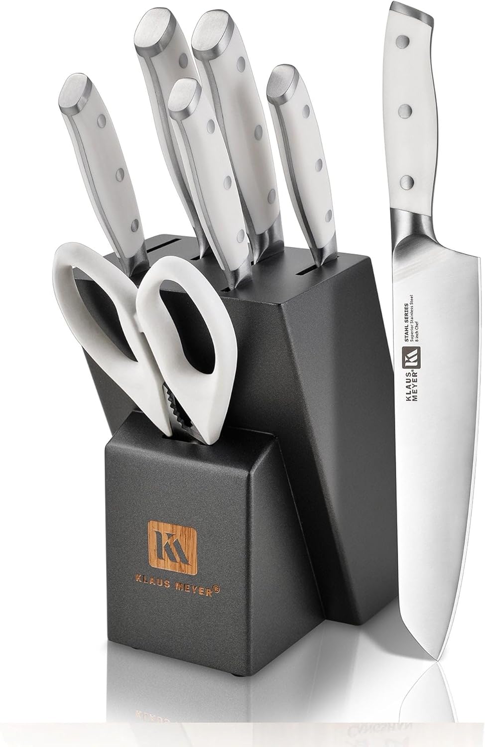 Stahl 8-Piece German Steel Kitchen Knife Block Set (White) | High Carbon Steel Knife Set, Long-Lasting Sharpness, 56±2 HRC, Rust-Resistant Treatment, Ergonomic ABS Handles
