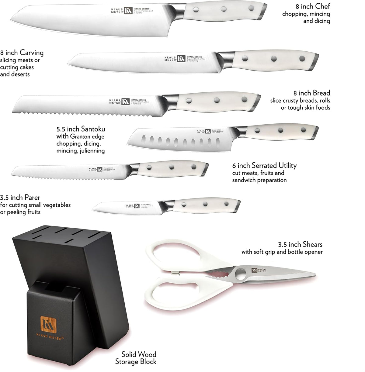 Stahl 8-Piece German Steel Kitchen Knife Block Set (White) | High Carbon Steel Knife Set, Long-Lasting Sharpness, 56±2 HRC, Rust-Resistant Treatment, Ergonomic ABS Handles