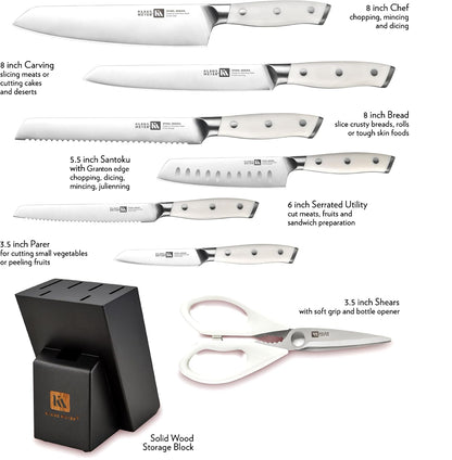 Stahl 8-Piece German Steel Kitchen Knife Block Set (White) | High Carbon Steel Knife Set, Long-Lasting Sharpness, 56±2 HRC, Rust-Resistant Treatment, Ergonomic ABS Handles