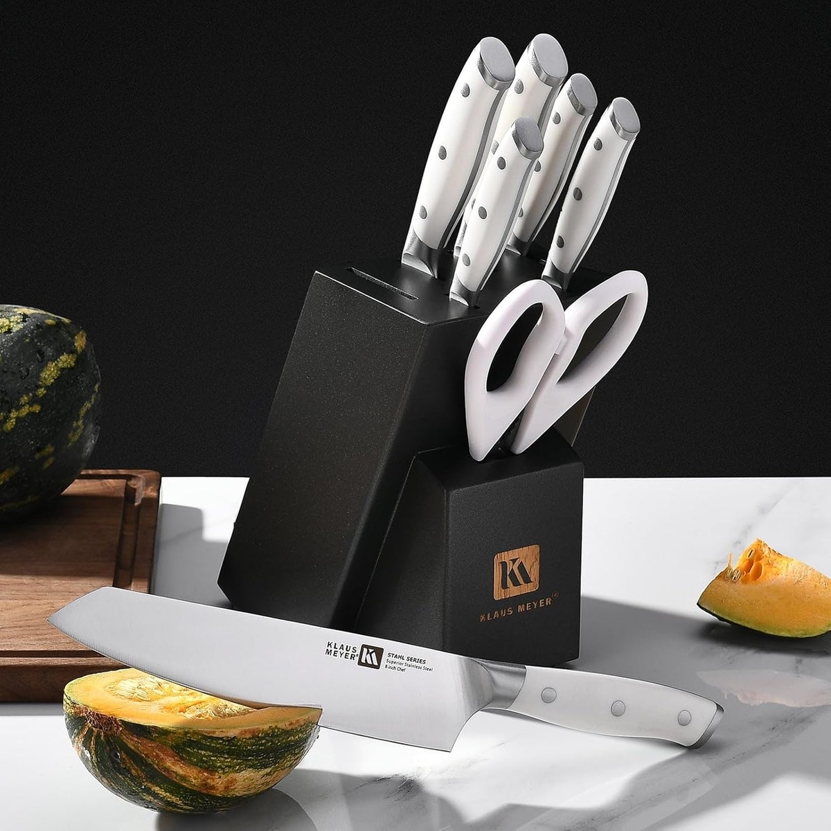 Stahl 8-Piece German Steel Kitchen Knife Block Set (White) | High Carbon Steel Knife Set, Long-Lasting Sharpness, 56±2 HRC, Rust-Resistant Treatment, Ergonomic ABS Handles
