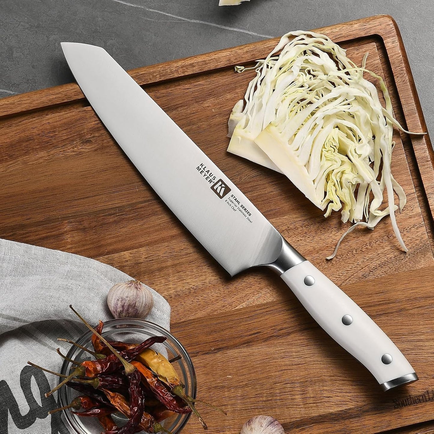 Stahl 8-Piece German Steel Kitchen Knife Block Set (White) | High Carbon Steel Knife Set, Long-Lasting Sharpness, 56±2 HRC, Rust-Resistant Treatment, Ergonomic ABS Handles