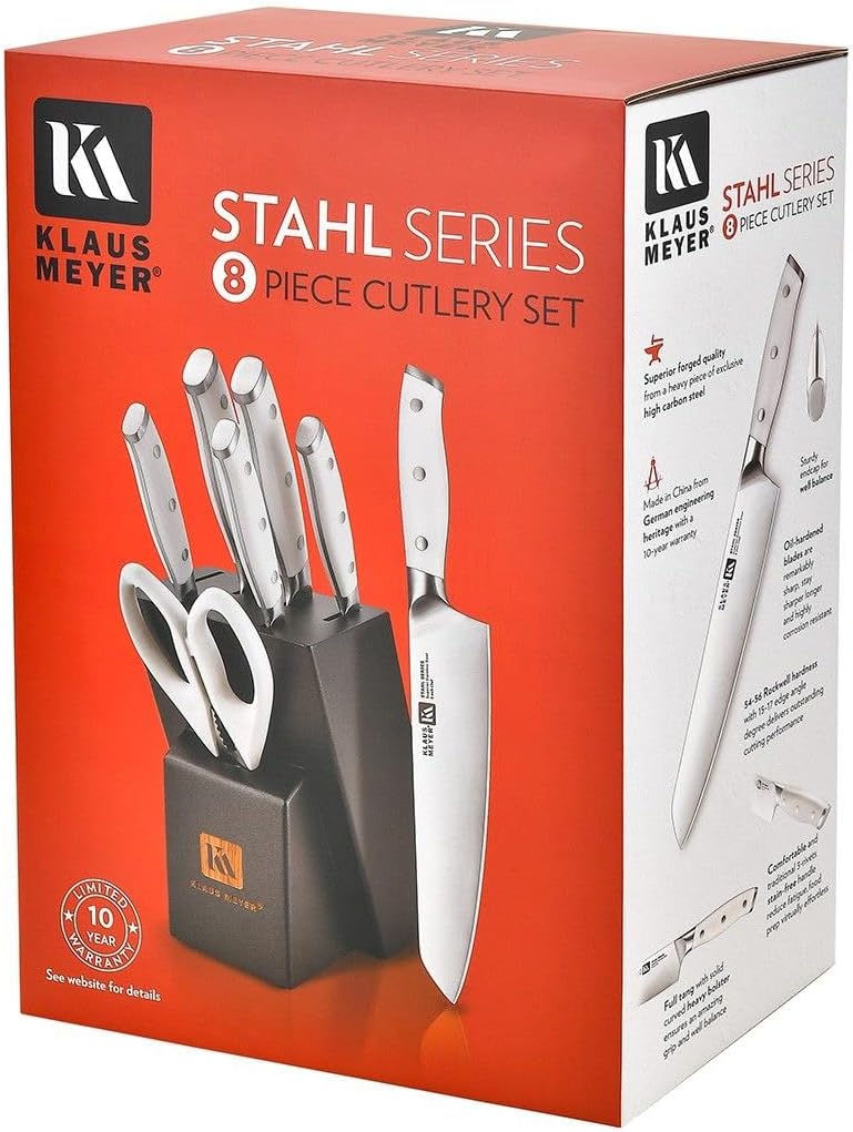 Stahl 8-Piece German Steel Kitchen Knife Block Set (White) | High Carbon Steel Knife Set, Long-Lasting Sharpness, 56±2 HRC, Rust-Resistant Treatment, Ergonomic ABS Handles