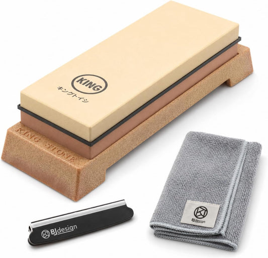 King Whetstone Set, 1000/6000 Grit, Made in Japan, 4 Pieces | Knife angle holder, wiping cloth, stable plastic base, for kitchen knife sharpening, beginner-friendly, scissors, chisels
