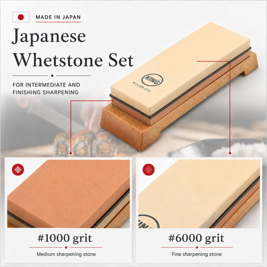 King Whetstone Set, 1000/6000 Grit, Made in Japan, 4 Pieces | Knife angle holder, wiping cloth, stable plastic base, for kitchen knife sharpening, beginner-friendly, scissors, chisels