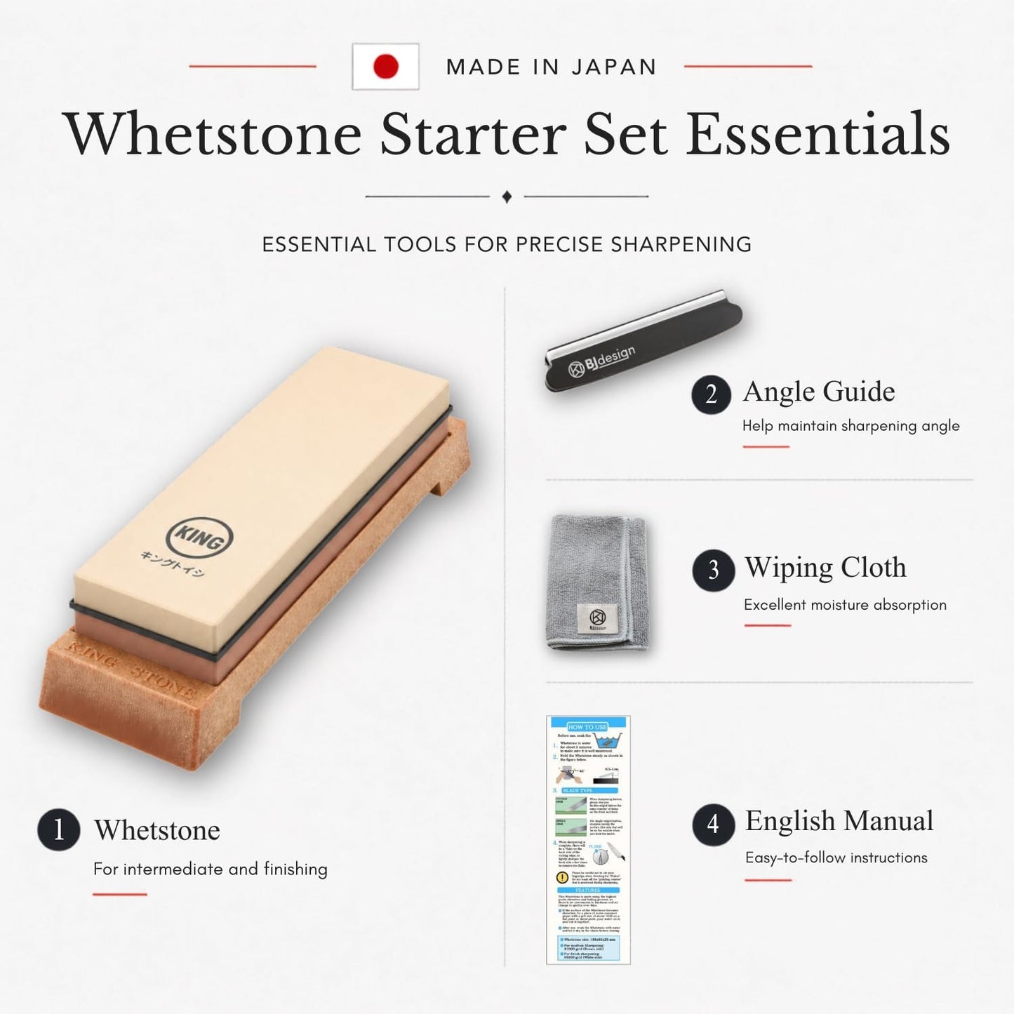 King Whetstone Set, 1000/6000 Grit, Made in Japan, 4 Pieces | Knife angle holder, wiping cloth, stable plastic base, for kitchen knife sharpening, beginner-friendly, scissors, chisels