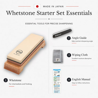 King Whetstone Set, 1000/6000 Grit, Made in Japan, 4 Pieces | Knife angle holder, wiping cloth, stable plastic base, for kitchen knife sharpening, beginner-friendly, scissors, chisels