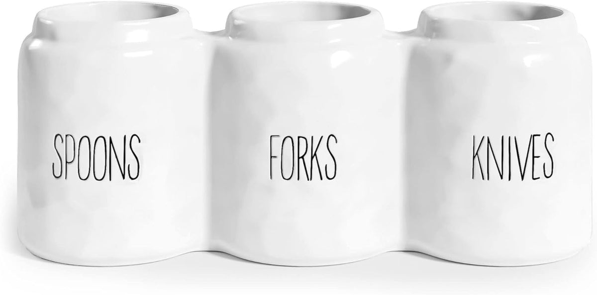 Ceramic Silverware Caddy Utensil Holder 12.5” x 5” (White) | Cutlery Organizer for Spoons, Forks, and Knives; Flatware Sorter for Kitchen Countertop or Parties; Plasticware Sorter