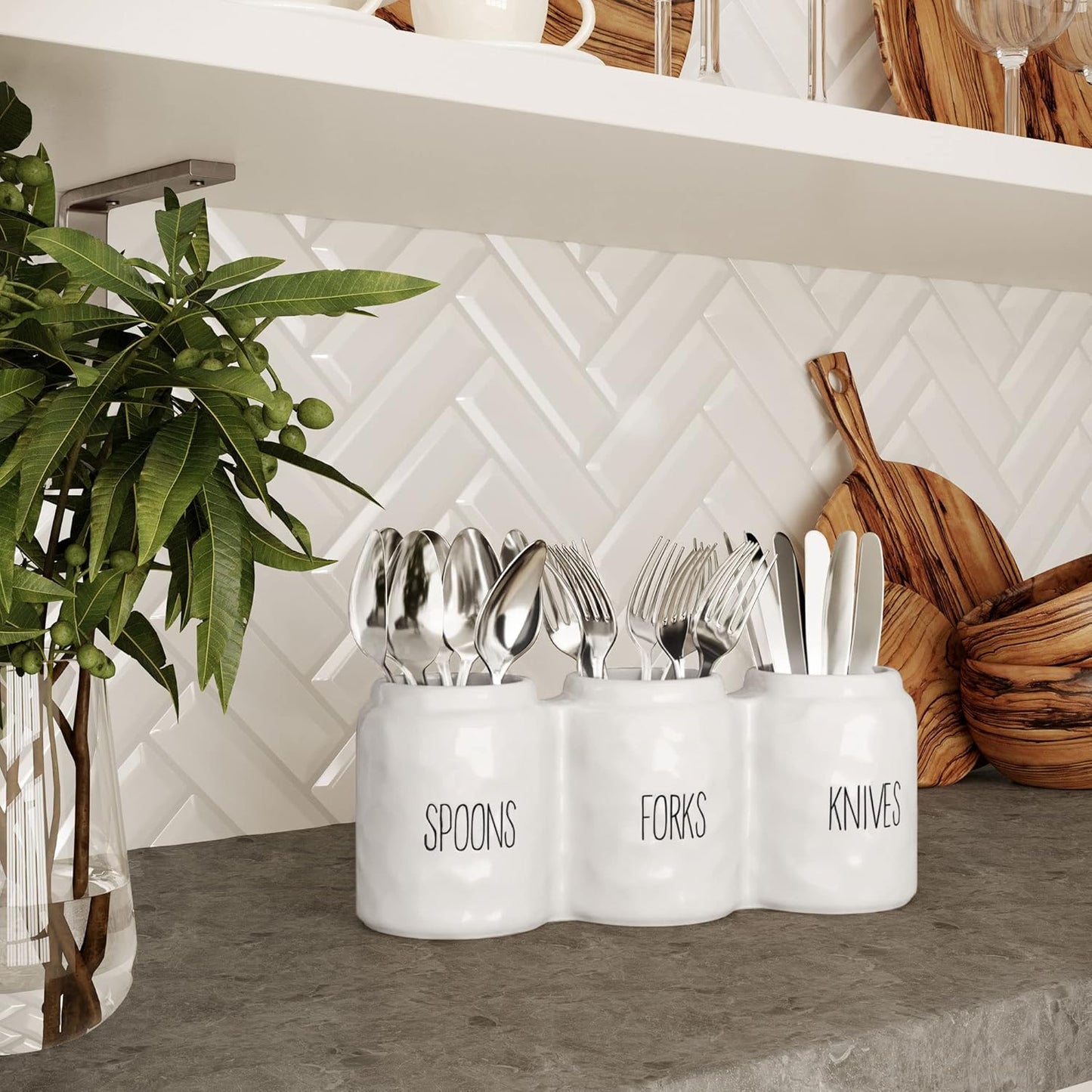 Ceramic Silverware Caddy Utensil Holder 12.5” x 5” (White) | Cutlery Organizer for Spoons, Forks, and Knives; Flatware Sorter for Kitchen Countertop or Parties; Plasticware Sorter