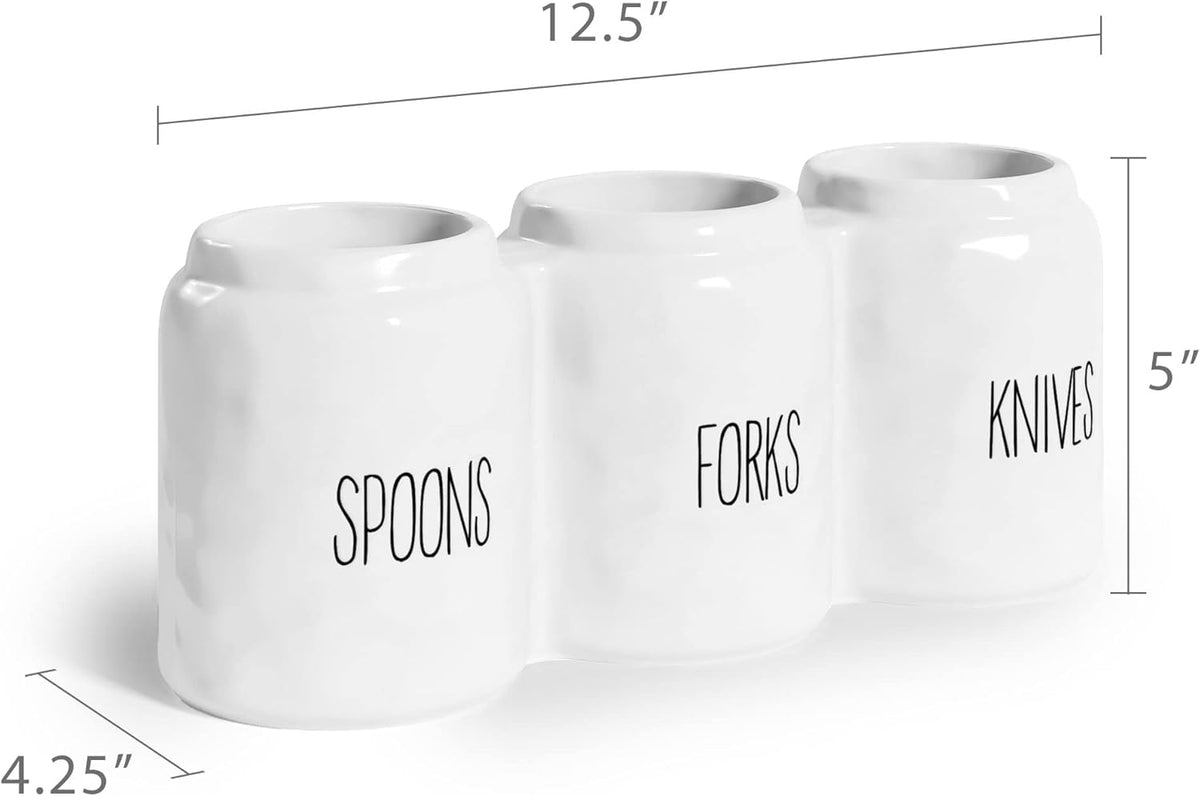 Ceramic Silverware Caddy Utensil Holder 12.5” x 5” (White) | Cutlery Organizer for Spoons, Forks, and Knives; Flatware Sorter for Kitchen Countertop or Parties; Plasticware Sorter