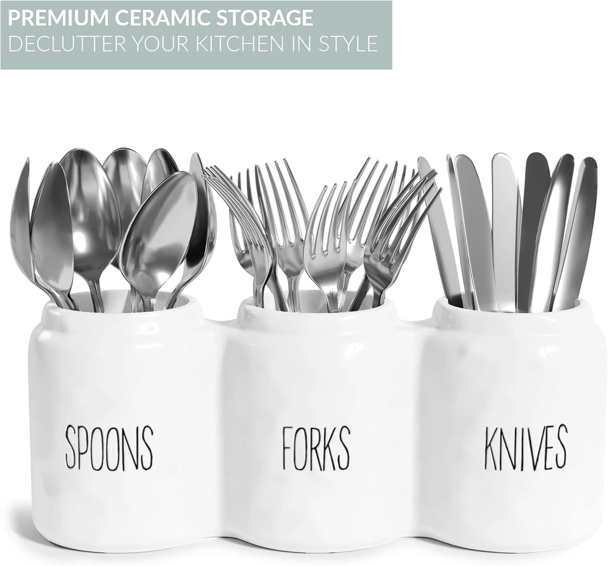 Ceramic Silverware Caddy Utensil Holder 12.5” x 5” (White) | Cutlery Organizer for Spoons, Forks, and Knives; Flatware Sorter for Kitchen Countertop or Parties; Plasticware Sorter