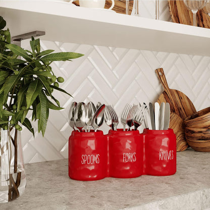Ceramic Silverware Caddy Utensil Holder 12.5” x 5” (White) | Cutlery Organizer for Spoons, Forks, and Knives; Flatware Sorter for Kitchen Countertop or Parties; Plasticware Sorter