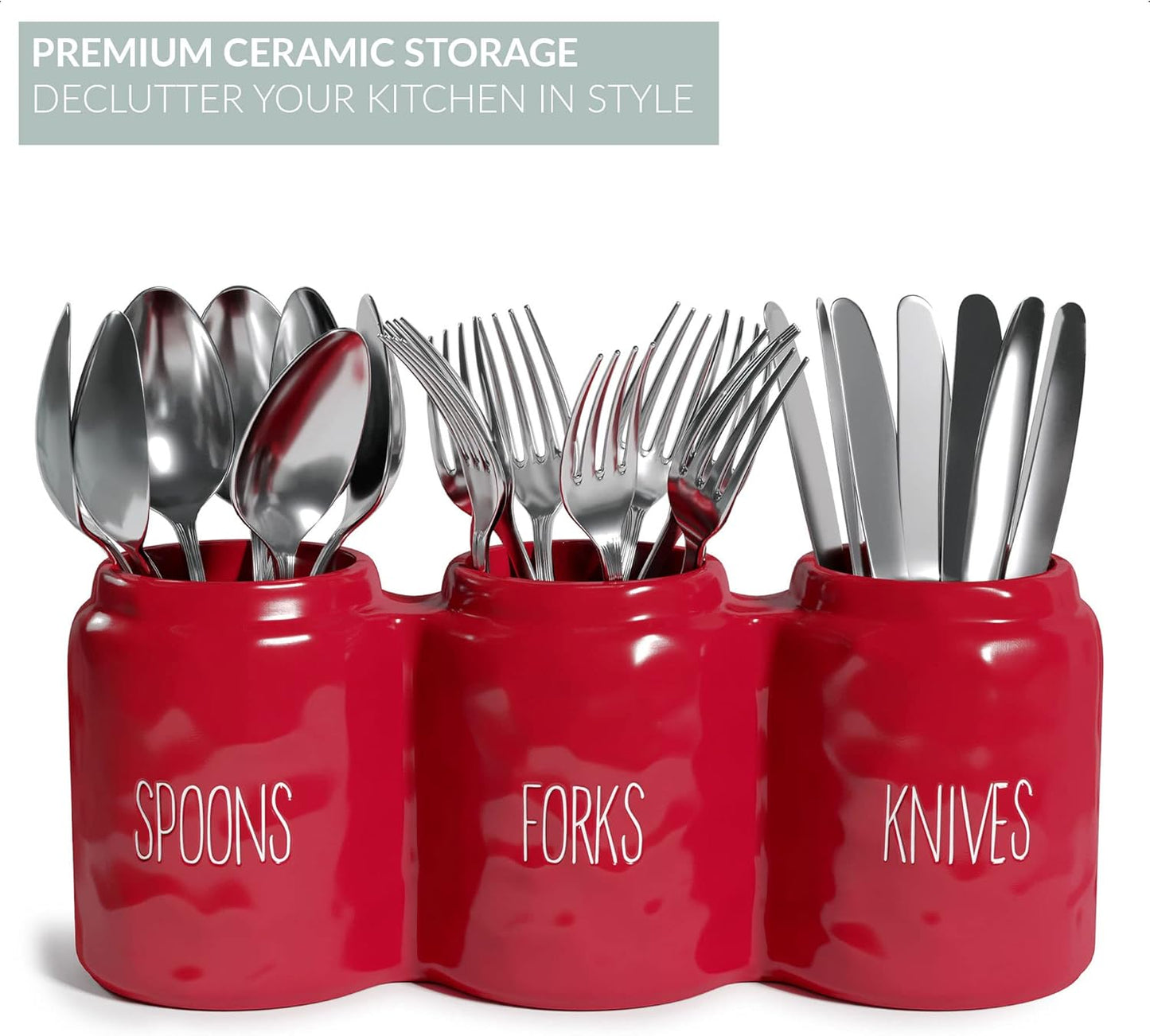 Ceramic Silverware Caddy Utensil Holder 12.5” x 5” (White) | Cutlery Organizer for Spoons, Forks, and Knives; Flatware Sorter for Kitchen Countertop or Parties; Plasticware Sorter