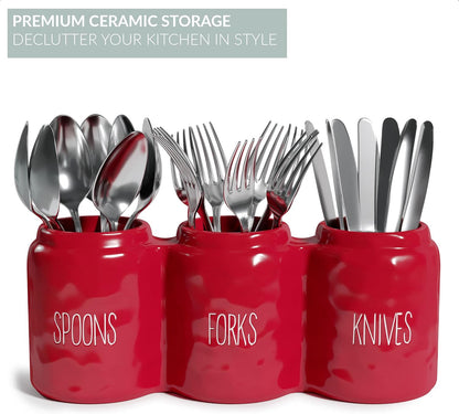 Ceramic Silverware Caddy Utensil Holder 12.5” x 5” (White) | Cutlery Organizer for Spoons, Forks, and Knives; Flatware Sorter for Kitchen Countertop or Parties; Plasticware Sorter