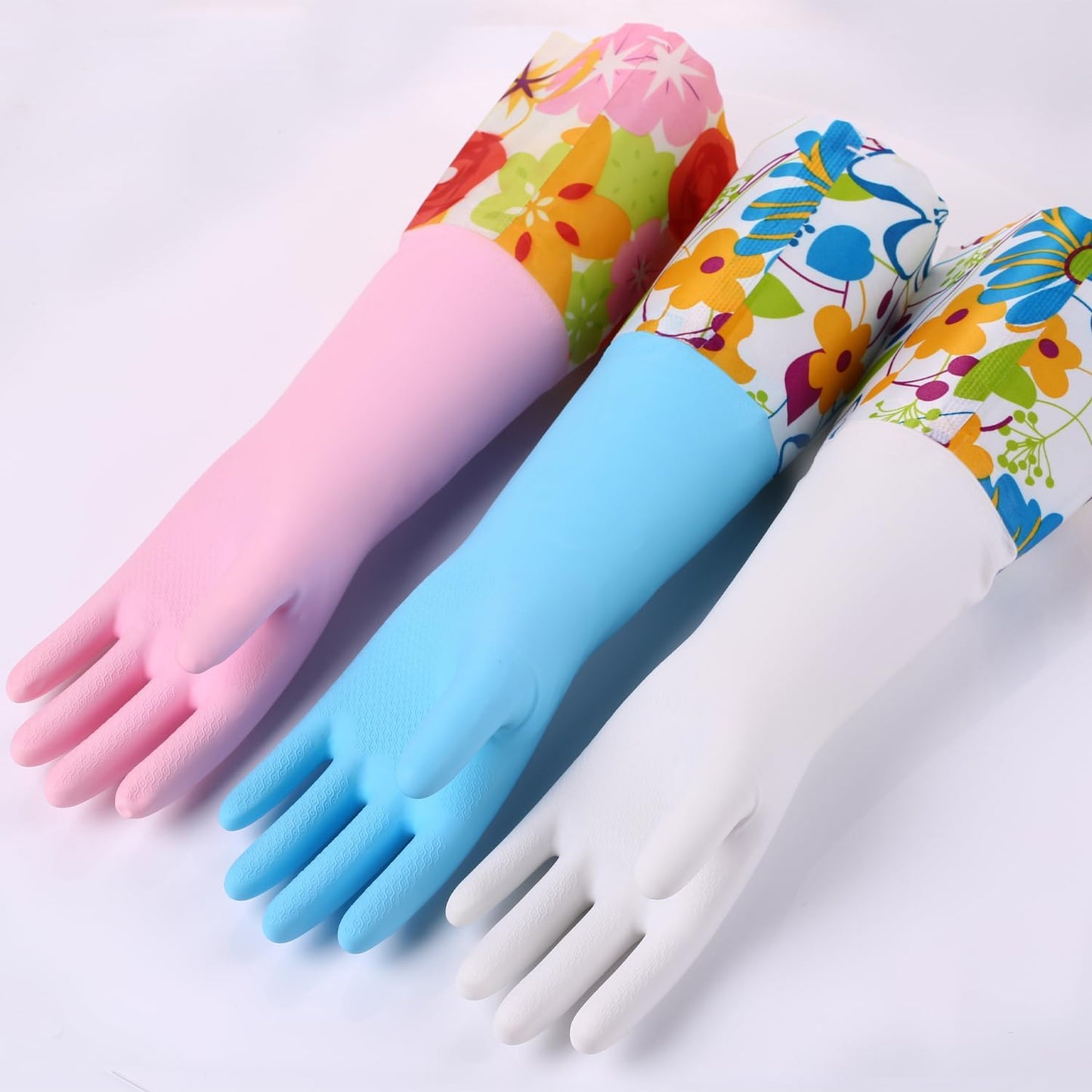 3 Pairs Rubber Cleaning Gloves, Household Kitchen Dishwashing Gloves with Cotton Flocked Liner, Long Cuff 16 Inches, Reusable, Non-Slip (Medium, Blue+Pink+White)